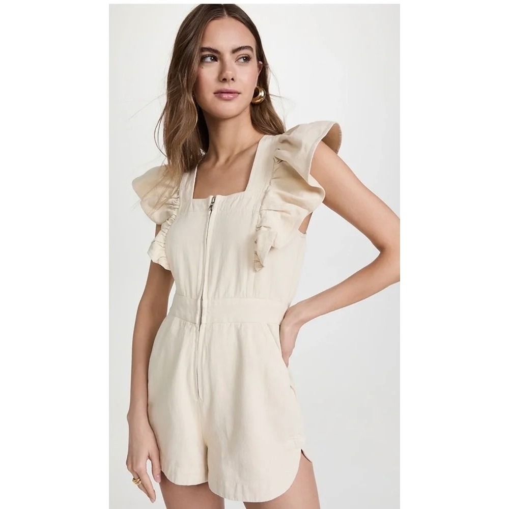 Sea New York Suri Romper Size 0 Cream Ruffle Sleeve Zip Front Cotton Cute Chic